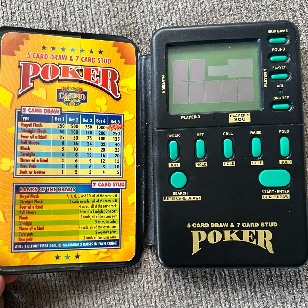Electronic Handheld Poker Las Vegas Casino Corner 5 Card Draw & 7 Card Stud Game